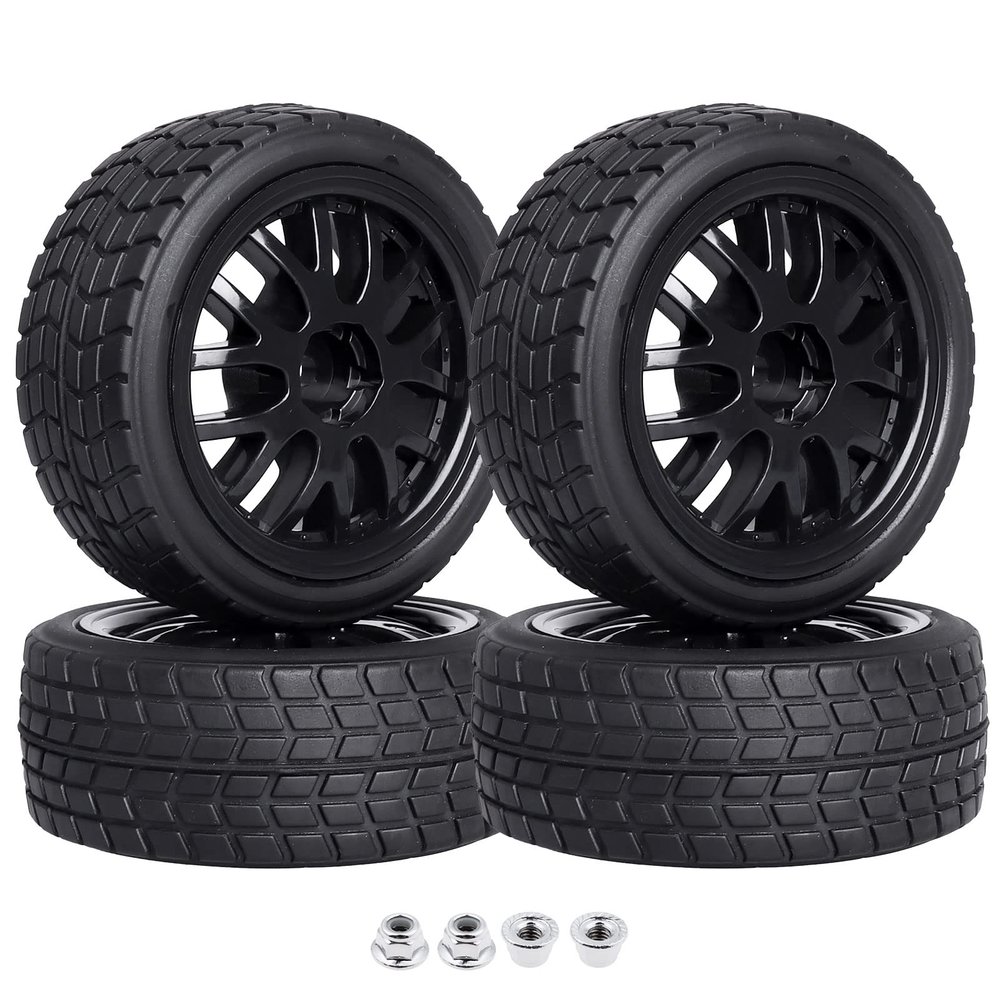 CrazyHobby Pre-Glued OD 2.56" 12mm Hex Wheels Rims & Rubber Tires 26mm for 1/10 Scale On Road Racing Car Drift RC Touring Car, Set of 4 (Color D)