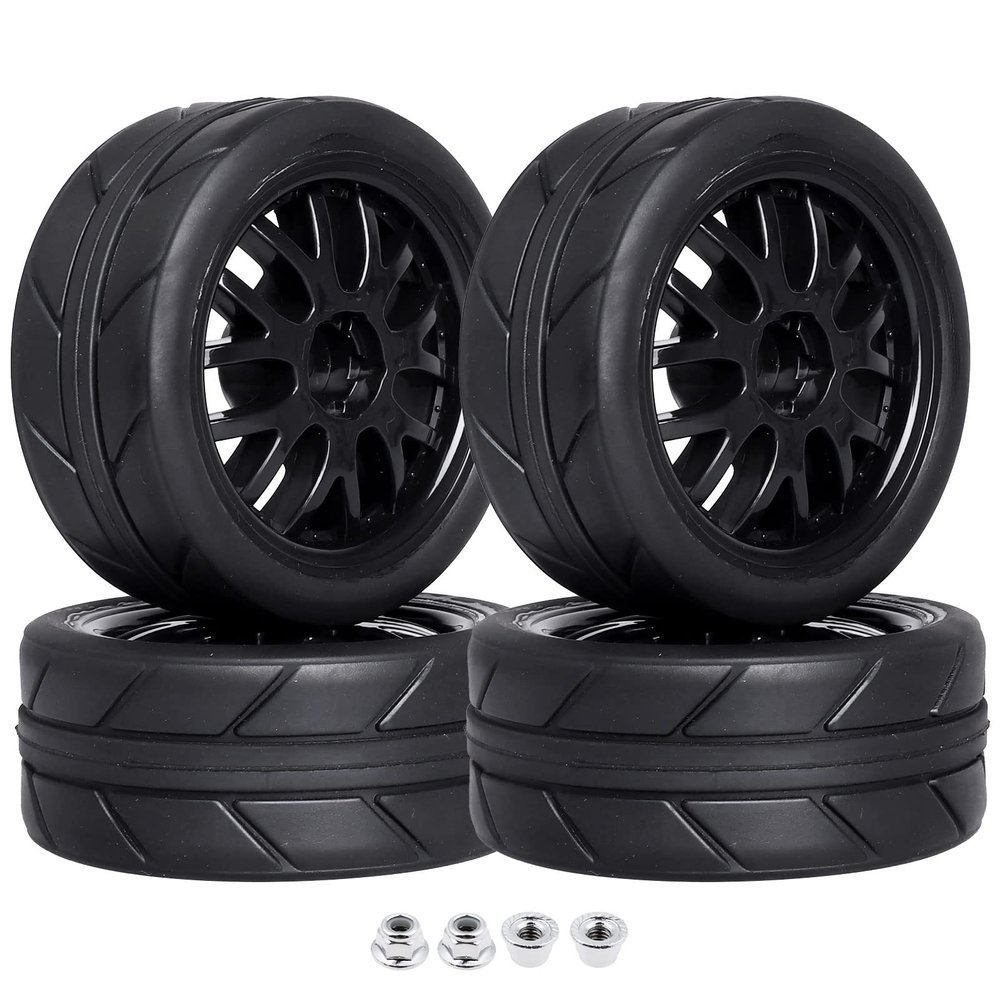 CrazyHobby Pre-Glued OD 2.56" 12mm Hex Wheels Rims & Rubber Tires 26mm for 1/10 Scale On Road Racing Car Drift RC Touring Car, Set of 4 (Color C)