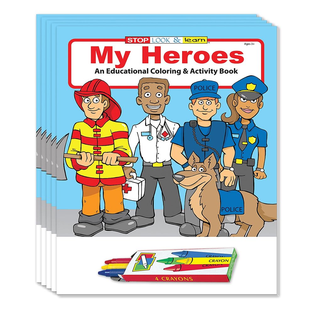 ZOCO My Heroes Police, Firefighter, EMS Coloring & Activity Books (50 Bulk Pack, With Crayons) Community Outreach Handout for Kids