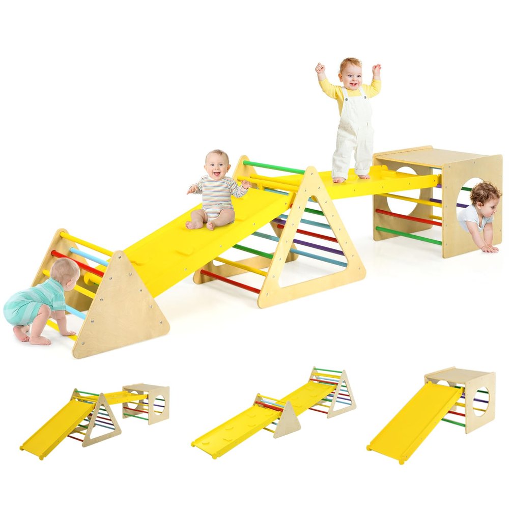 HONEY JOY 6 in 1 Triangle Climber with Ramp, Indoor Toddler Climbing Triangle Set w/Cube Triangle, Double Sided Ramp for Slide & Climb, 5-Piece Kids Wooden Climbing Toys for Playground & Daycare