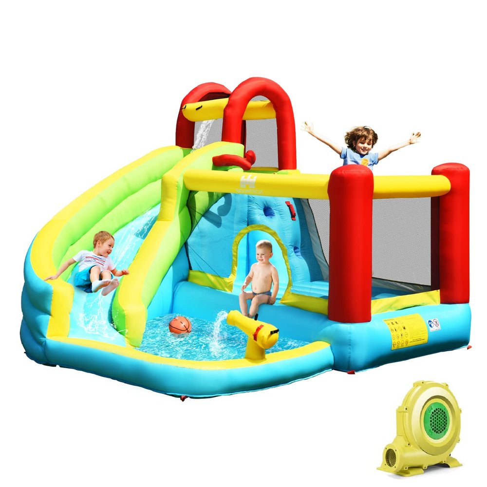 HONEY JOY Inflatable Water Slide, Water Bounce House & Water Park w/Splash Pool & Slides, Climbing Wall, Indoor Outdoor Blow up Water Slides Inflatables for Kids and Adults Backyard(with 480w Blower)