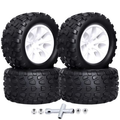 FriHobby Glued 1/10 Scale RC Monster Truck 2.8" RC Tires and 12mm Hex Wheels Set 5" Tall for Traxxas Rustler Stampede Hoss 2WD 4X4 VXL Redcat Volcano Epx HSP MT Off Road 2S-4S Brushless Power, 4pcs