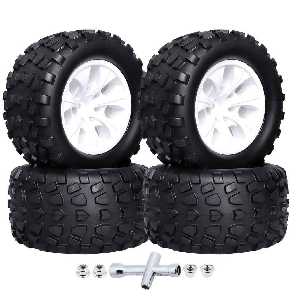 FriHobby Glued 1/10 Scale RC Monster Truck 2.8" RC Tires and 12mm Hex Wheels Set 5" Tall for Traxxas Rustler Stampede Hoss 2WD 4X4 VXL Redcat Volcano Epx HSP MT Off Road 2S-4S Brushless Power, 4pcs