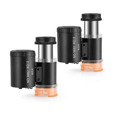 Microscope Accessories Kit 2 Pieces 60X Mini Pocket Microscope with 3 Light Portable Magnifing Glass Microscope Slides