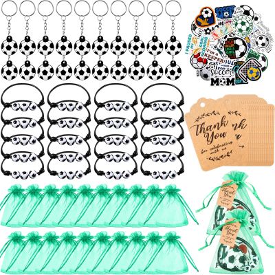 Basketball Soccer Party Favor Set Gift Bulk Charm Bracelets Keychains Sticker Organza Bags Thank You Tags for Team Party Supplies Boy Girl Classroom Reward Decoration (Soccer)