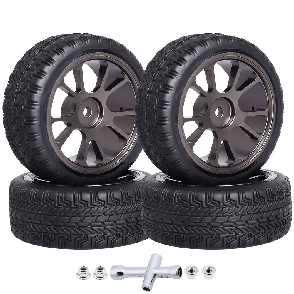 GoHooby 2.55in Rubber Tires&12mm Hex Wheel Rims Pre-Mounted Set, Compatible with Traxxas Tamiya 1/10 RC On-Road Touring Car (Color 1)