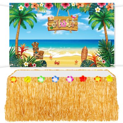 2 Pcs Hawaiian Aloha Backdrop Luau Grass Table Skirt Set Halloween Table Skirt Set Party Backdrop Hawian Theme Birthday Supplies for Hawaiian Luau Birthday Halloween Indoor Outdoor Decorations