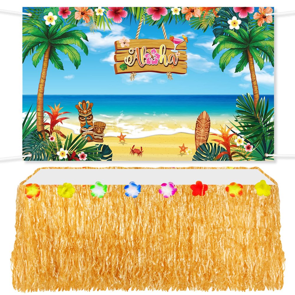 2 Pcs Hawaiian Aloha Backdrop Luau Grass Table Skirt Set Halloween Table Skirt Set Party Backdrop Hawian Theme Birthday Supplies for Hawaiian Luau Birthday Halloween Indoor Outdoor Decorations