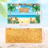 2 Pcs Hawaiian Aloha Backdrop Luau Grass Table Skirt Set Halloween Table Skirt Set Party Backdrop Hawian Theme Birthday Supplies for Hawaiian Luau Birthday Halloween Indoor Outdoor Decorations view 2