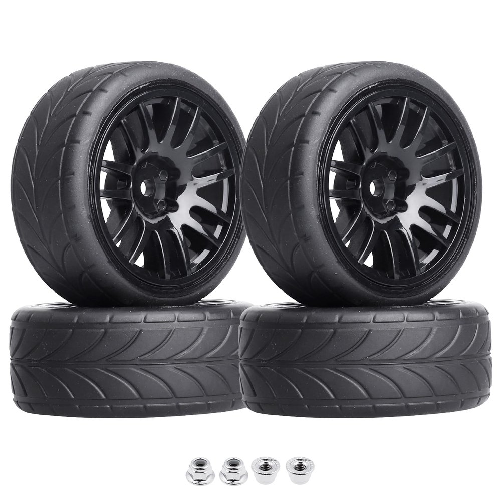 4-Pack 1:10 Scale RC On-Road Racing Tires and Wheels with Foam Inserts 12mm Hex Hub Fits for Traxxas Redcat Tamiya TT-02 (Color B)