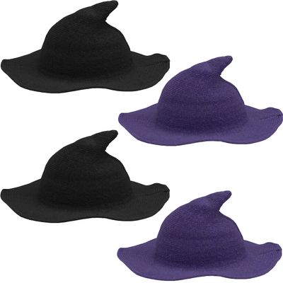 Haconba 4 Pack Halloween Witch Hat Wool Witch Hats for Halloween Party Decor (Color set 6)