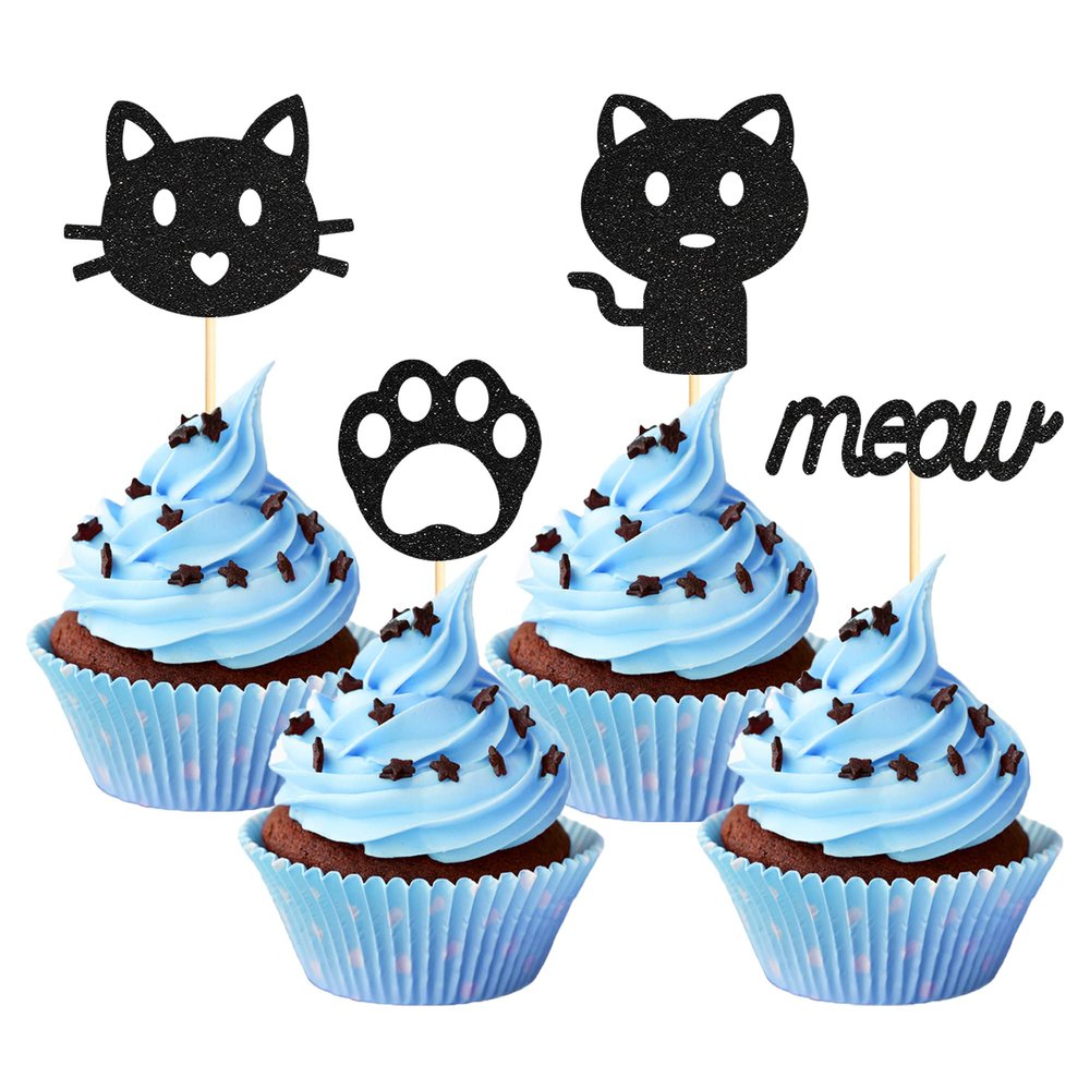 24PCS Cat Cupcake Toppers Black Glitter Cat Face Cupcake Toppers for Kitten Themed Baby Shower Kids Birthday Party Supplies Decorations