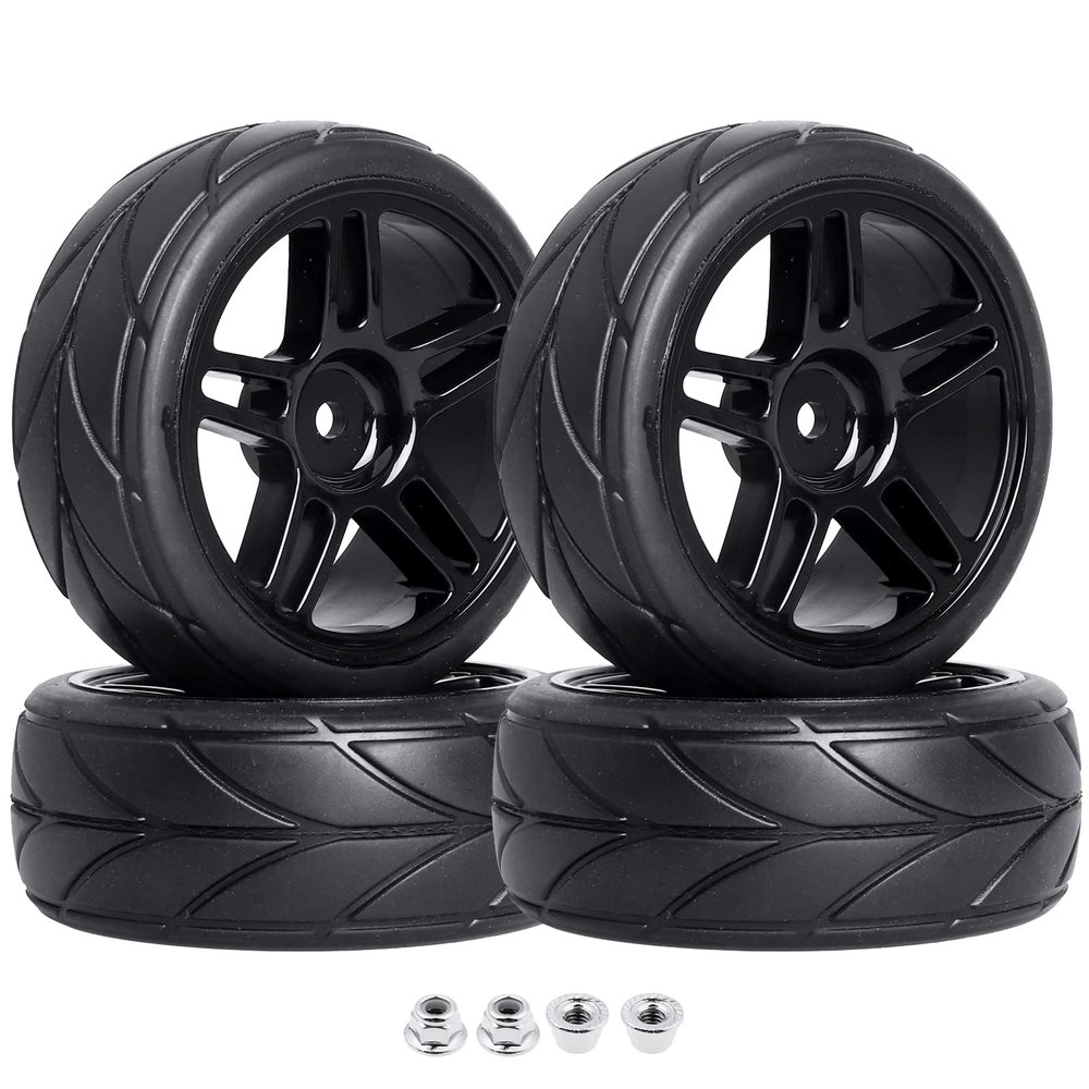 FriHobby Pre-Glued 12mm Hex 1/10 RC Touring Car Wheels & Tires for Traxxas 4-Tec 2.0 Tamiya TT02 TT01 1/14 Wltoys 144001 1/18 Latrax Teton SST Kyosho Fazer MK2 HPI, 4pcs