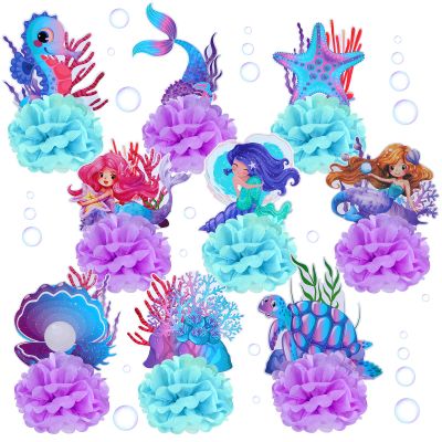 9 Pcs Mermaid Centerpieces Birthday Party Table Decorations Supplies Ocean Theme Underwater Animals Party Favors Double Sided Honeycomb Favor for Wedding (Mermaid)