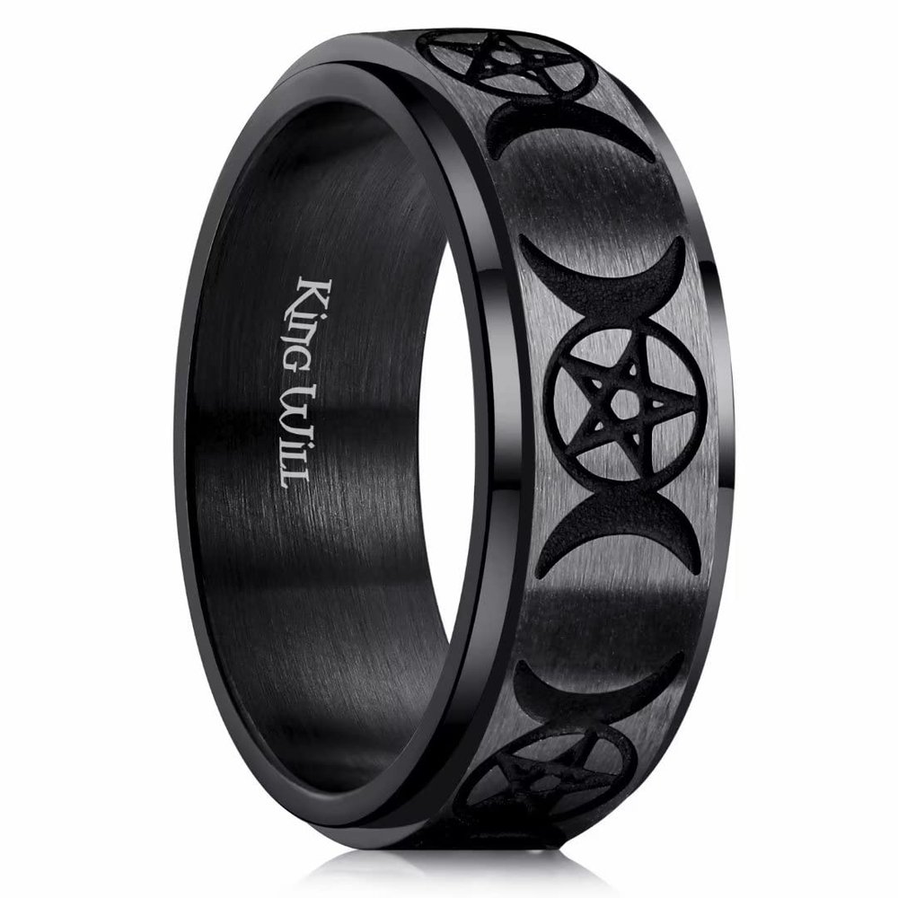 King Will Mens Fidget Ring Dull Black 8mm Stainless Steel Ring Spinner Ring For Men Women Stress Anxiety Relief Rotating Ring Finger Teens Toy Triple Moon Comfort Fit For Unisex Adults 7