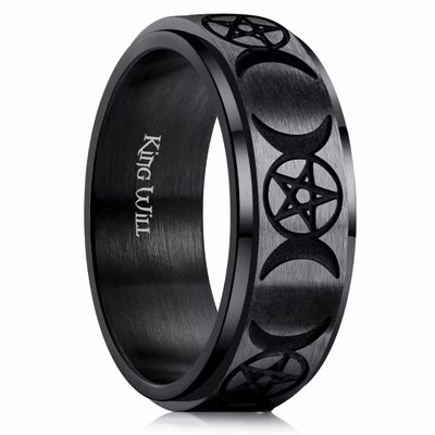 King Will Mens Fidget Ring Dull Black 8mm Stainless Steel Ring Spinner Ring For Men Women Stress Anxiety Relief Rotating Ring Finger Teens Toy Triple Moon Comfort Fit For Unisex Adults 9
