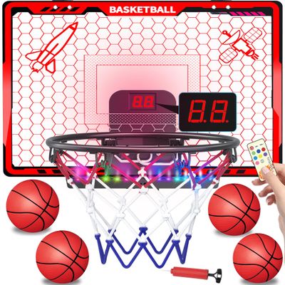 Awsoo Basketball Hoop Indoor for KidsMini Basketball Hoop with Colorful Light BarScoreboard& 4 Basketballs, Basketball Toys Gifts for 3 4 5 6 7 8 9 10 11 12 Year Old Boys Girls (Red)