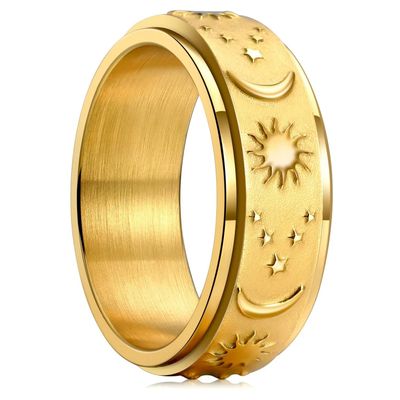 King Will Moon Sun Star Spinner Ring Old Gold 8mm Stainless Steel Ring For Men Women Stress Anxiety Relief Comfort Fit Unisex Adults 11