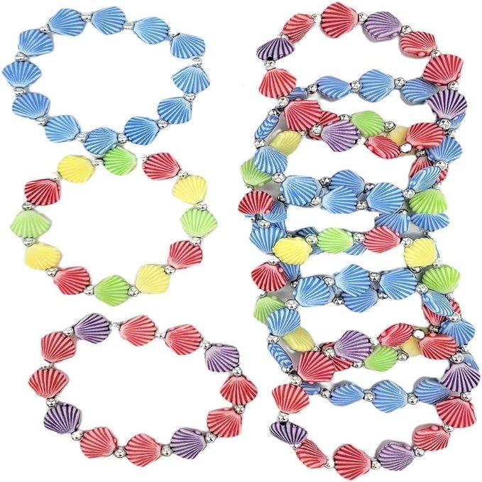 Colorful Faux Sea Shell Bead Stretchy Kid's Bracelets (12 Pack) Mermaid Theme