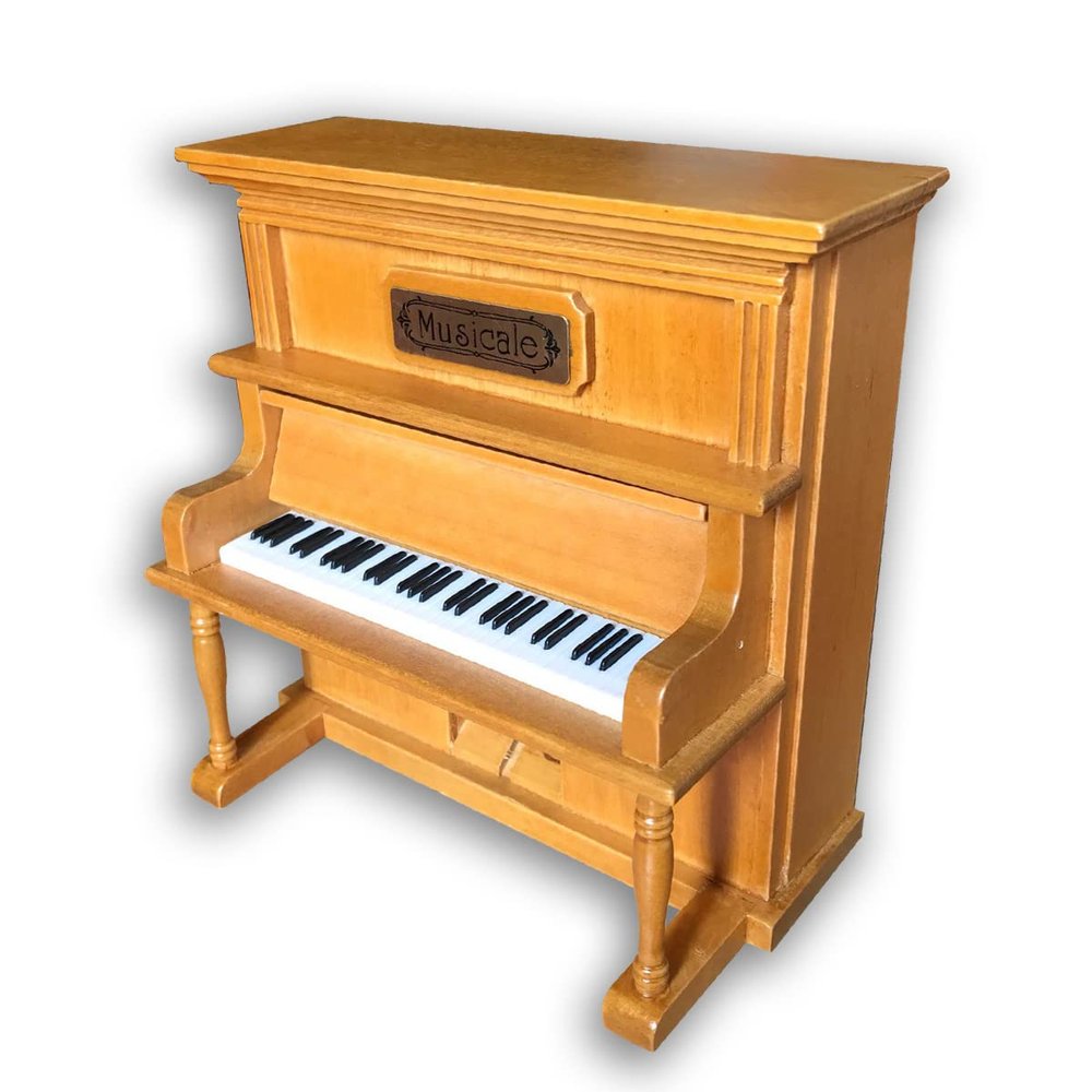 BinkeGG Play (Rock a Bye Baby) Brown Wooden Upright Piano Wind up Music Box with Sankyo Musical Movement (65 Tunes Option)
