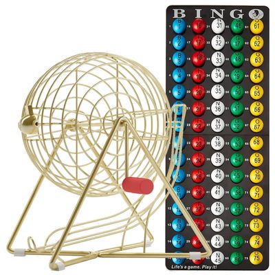 MR CHIPS 11 Inch Tall Professional Bingo Set with Steel Cage, Everlasting 7/8 Balls, Master Board for Balls - Luxury Gold