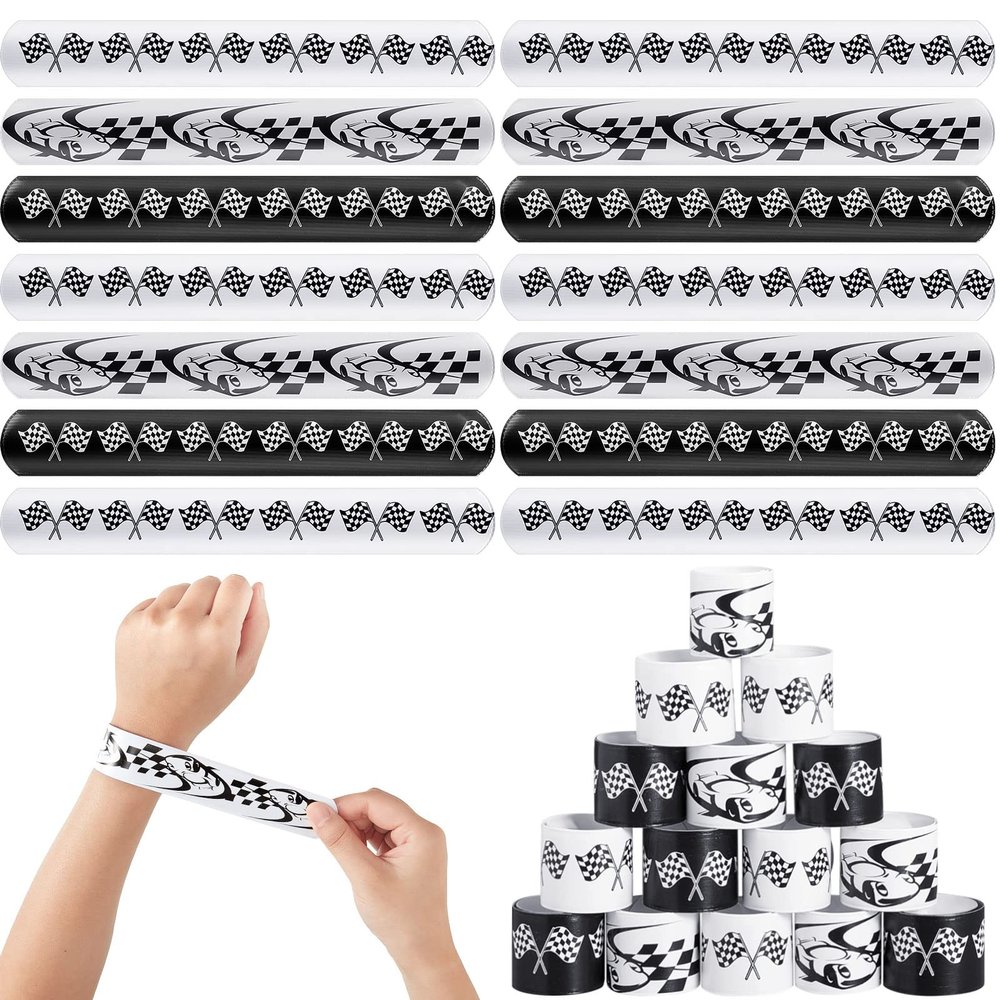 Lewtemi 48 Pcs Race Car Party Favors Slap Bracelets, Racing Checkered Flag Slap Bracelet for Kids Adults Speed Car Party Birthday Classroom Prizes Exchanging Gifts Sports Events Supplies