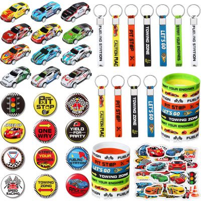 98 PCS Race Cars Party Favor Supplies Kit Racecar Birthday Themed Decoration Set with Mini Race Cars Toys Cartoon Transportation Stickers Keychain Wristband Bracelet Badge Pack