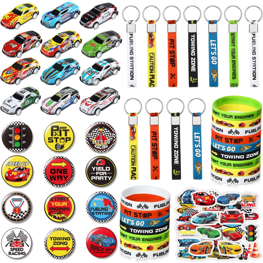 98 PCS Race Cars Party Favor Supplies Kit Racecar Birthday Themed Decoration Set with Mini Race Cars Toys Cartoon Transportation Stickers Keychain Wristband Bracelet Badge Pack