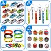 98 PCS Race Cars Party Favor Supplies Kit Racecar Birthday Themed Decoration Set with Mini Race Cars Toys Cartoon Transportation Stickers Keychain Wristband Bracelet Badge Pack view 2