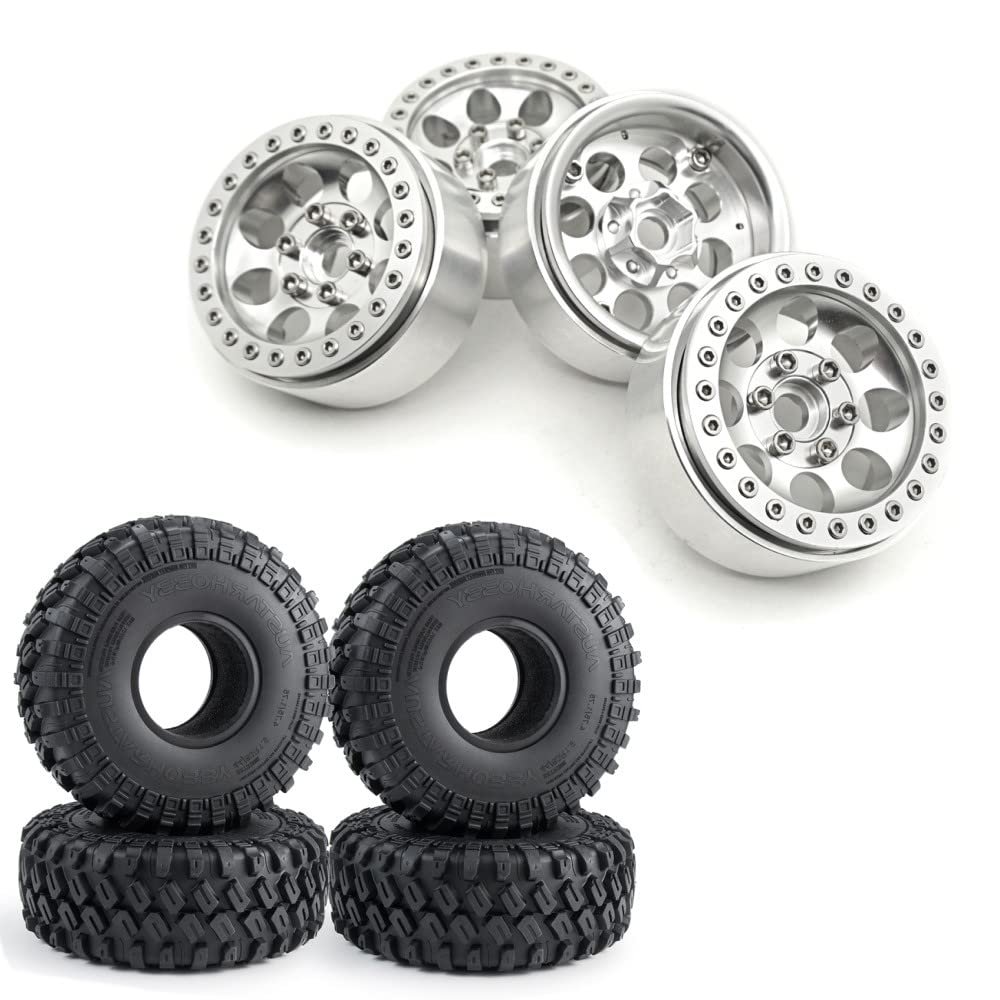 RCLIONS 1.9inch Beadlock Aluminum Wheels Rims with Rubber Tires for SCX10 D90 TRX4 1/10 RC Crawler Car
