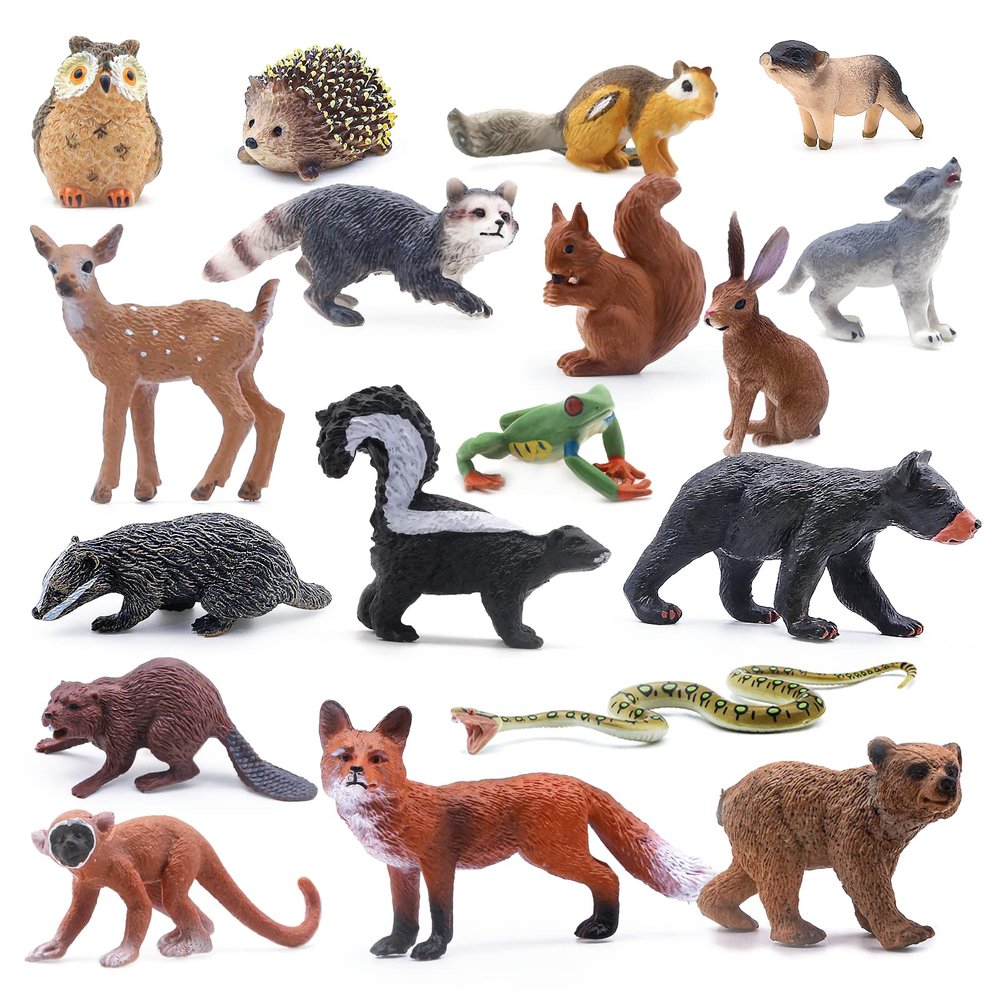 SIENON 18Pcs Forest Animals Figures Toys, Miniature Baby Woodland with Owl Hedgehog Fox Squirrel Bear Monkey Deer Wolf Snake for Kids Educational Christmas Birthday Party Gift Cake Decorations