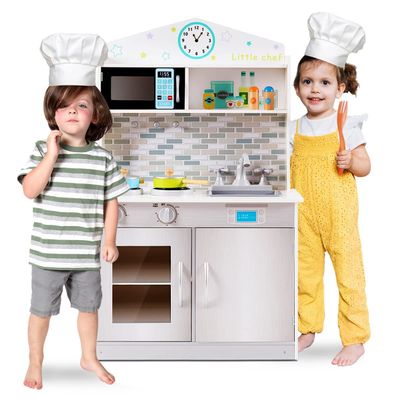 OLAKIDS Kids Kitchen Playset, Wooden Play Kitchen for Toddlers with Real Sounds, Stove Microwave Oven Sink Faucet, Large Storage Cabinet, Pretend Play Toys Cooking Gift for Boys Girls (Silver)