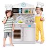 OLAKIDS Kids Kitchen Playset, Wooden Play Kitchen for Toddlers with Real Sounds, Stove Microwave Oven Sink Faucet, Large Storage Cabinet, Pretend Play Toys Cooking Gift for Boys Girls (Silver) view 1