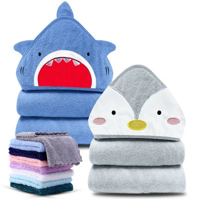 Cute Castle 2 Pack Hooded Baby Towel Rayon Made from Bamboo with 8 Washcloths - Soft Bath Towel for Bathtub for Babie, Newborn, Infant, Natural Baby Stuff Towel (Shark and Penguin)