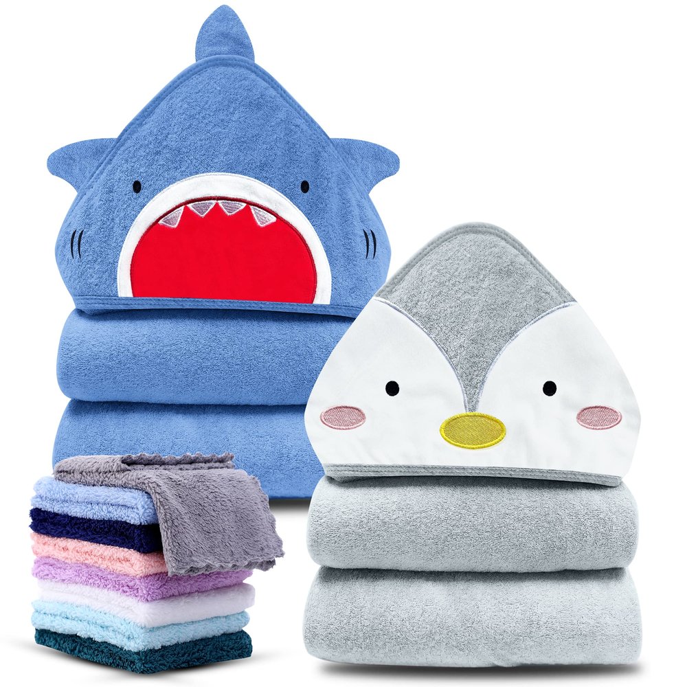 Cute Castle 2 Pack Hooded Baby Towel Rayon Made from Bamboo with 8 Washcloths - Soft Bath Towel for Bathtub for Babie, Newborn, Infant, Natural Baby Stuff Towel (Shark and Penguin)