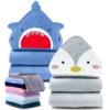 Cute Castle 2 Pack Hooded Baby Towel Rayon Made from Bamboo with 8 Washcloths - Soft Bath Towel for Bathtub for Babie, Newborn, Infant, Natural Baby Stuff Towel (Shark and Penguin) view 1