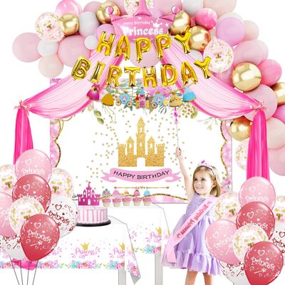 GREPARPY Princess Party Decorations - Princess Birthday Decorations Include Balloon Arch, Banner, Backdrop, Tablecloth, Tulle, Crown, Wand, Sash, Cake Topper, Girls Princess Birthday Party Supplies