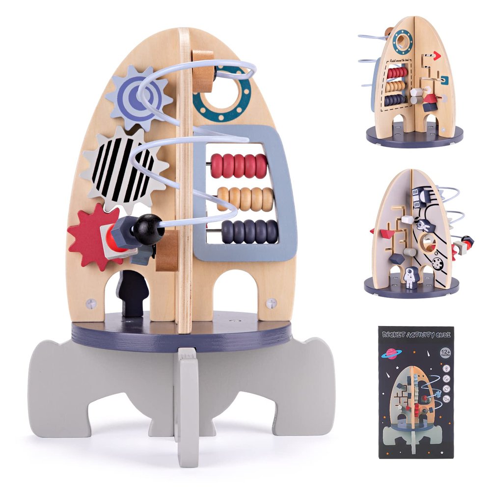 Wdmiya Space Wooden Activity Cube Toys for Baby, Montessoritoys for 1 Year Old Boy & Girl Birthday Gifts, Sensory and Educational 1st Birthday Gifts, Busy Board Toys for Baby Boy 6-18 Months (Rocket)