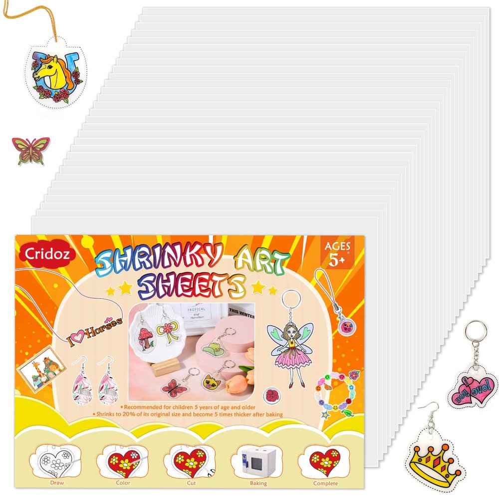 cridoz Shrinky Art Paper Sheets, 36Pcs Shrink Plastic Art Paper Shrink Plastic Film for Keychains and Craft Marking