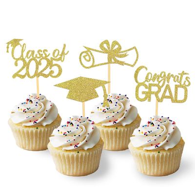 2025 Graduation Cupcake Toppers, Class of 2025 Cupcake Toppers for Decorations, Congrats Grad Graduation Cake Decorations - Set of 24 (Gold)