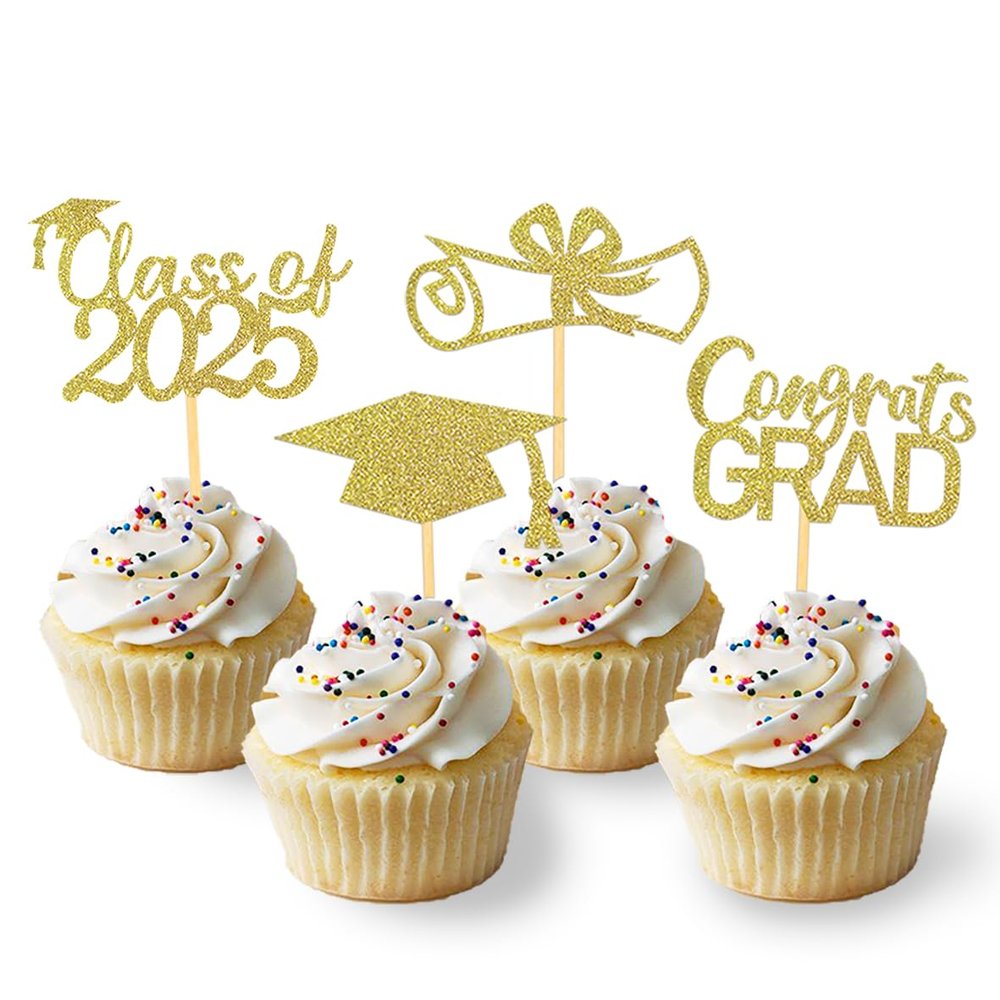 2025 Graduation Cupcake Toppers, Class of 2025 Cupcake Toppers for Decorations, Congrats Grad Graduation Cake Decorations - Set of 24 (Gold)