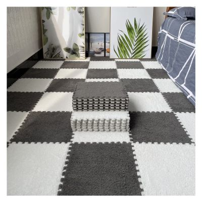 16Pcs Interlocking Foam Mats,Fluffy Carpet Tiles,Plush Area Rug,Square Splicing Floor Tiles,Soft Playmat Puzzle Floor Mat for Play Room,Grey+White