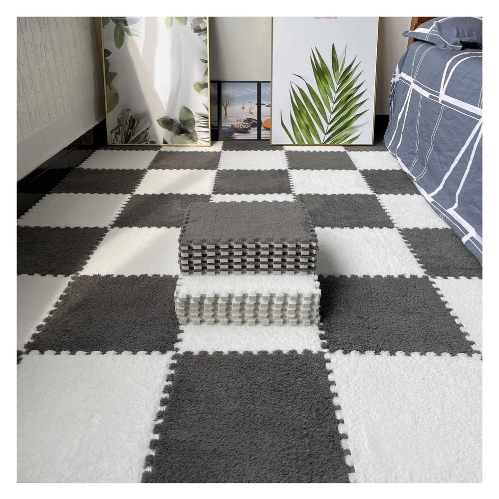16Pcs Interlocking Foam Mats,Fluffy Carpet Tiles,Plush Area Rug,Square Splicing Floor Tiles,Soft Playmat Puzzle Floor Mat for Play Room,Grey+White