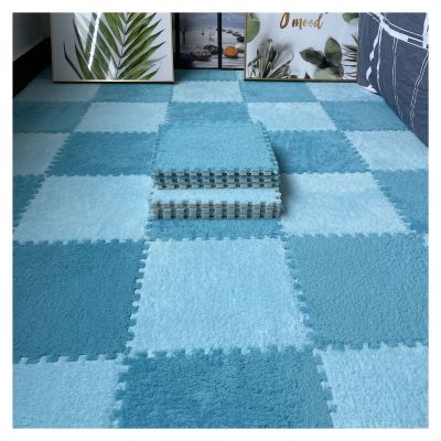 16Pcs Interlocking Foam Mats,Fluffy Carpet Tiles,Plush Area Rug,Square Splicing Floor Tiles,Soft Playmat Puzzle Floor Mat for Play Room,Dark Blue+Light Blue