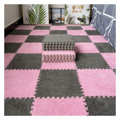 16Pcs Interlocking Foam Mats,Fluffy Carpet Tiles,Plush Area Rug,Square Splicing Floor Tiles,Soft Playmat Puzzle Floor Mat for Play Room,Grey+Pink