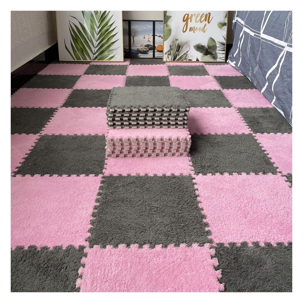 16Pcs Interlocking Foam Mats,Fluffy Carpet Tiles,Plush Area Rug,Square Splicing Floor Tiles,Soft Playmat Puzzle Floor Mat for Play Room,Grey+Pink