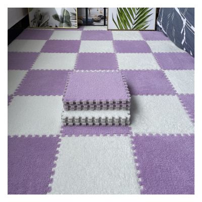 16Pcs Interlocking Foam Mats,Fluffy Carpet Tiles,Plush Area Rug,Square Splicing Floor Tiles,Soft Playmat Puzzle Floor Mat for Play Room,Purple+White