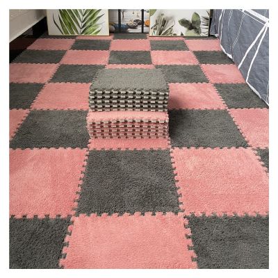 16Pcs Interlocking Foam Mats,Fluffy Carpet Tiles,Plush Area Rug,Square Splicing Floor Tiles,Soft Playmat Puzzle Floor Mat for Play Room,Light red+Grey