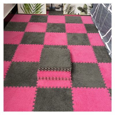 16Pcs Interlocking Foam Mats,Fluffy Carpet Tiles,Plush Area Rug,Square Splicing Floor Tiles,Soft Playmat Puzzle Floor Mat for Play Room,Grey+Rose red