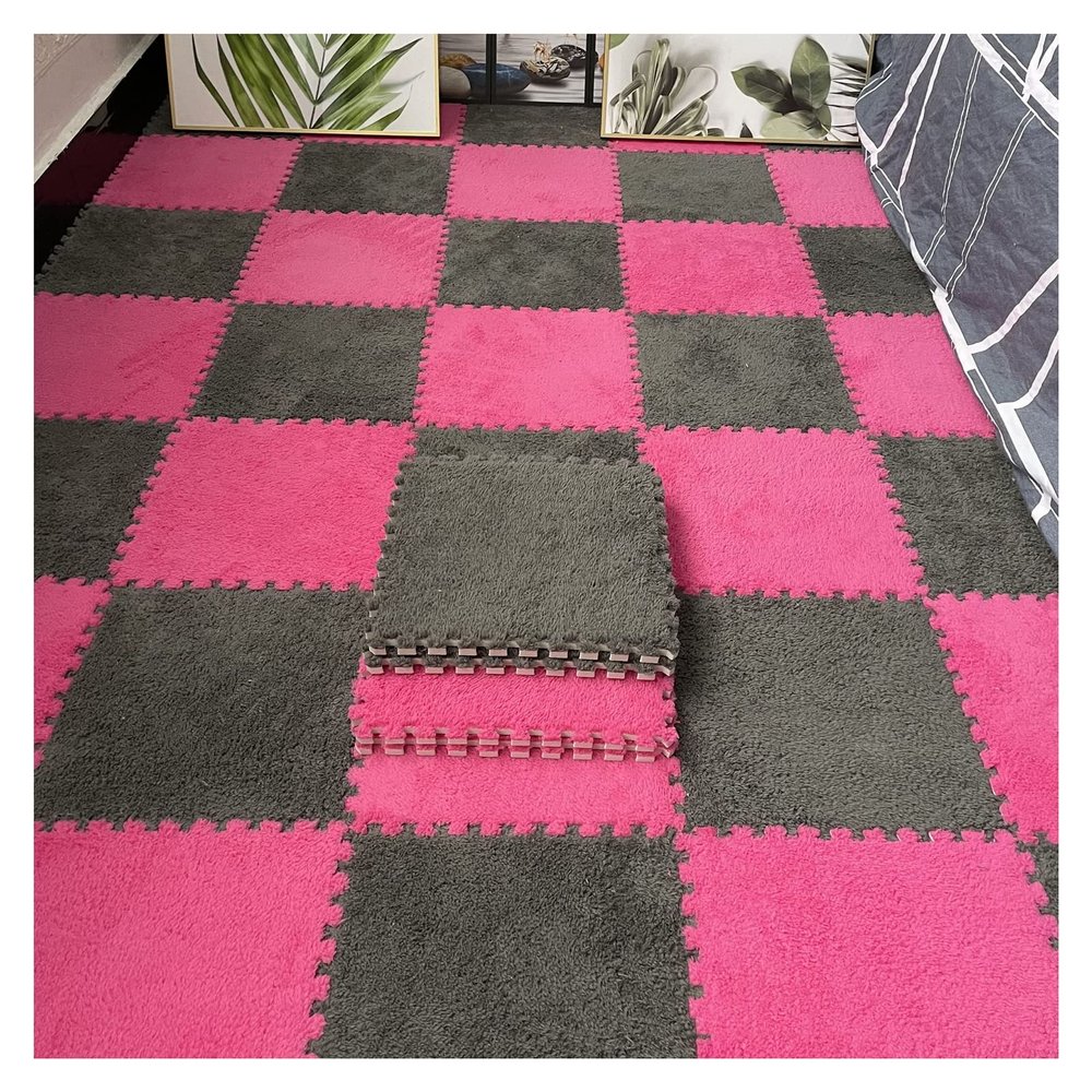 16Pcs Interlocking Foam Mats,Fluffy Carpet Tiles,Plush Area Rug,Square Splicing Floor Tiles,Soft Playmat Puzzle Floor Mat for Play Room,Grey+Rose red